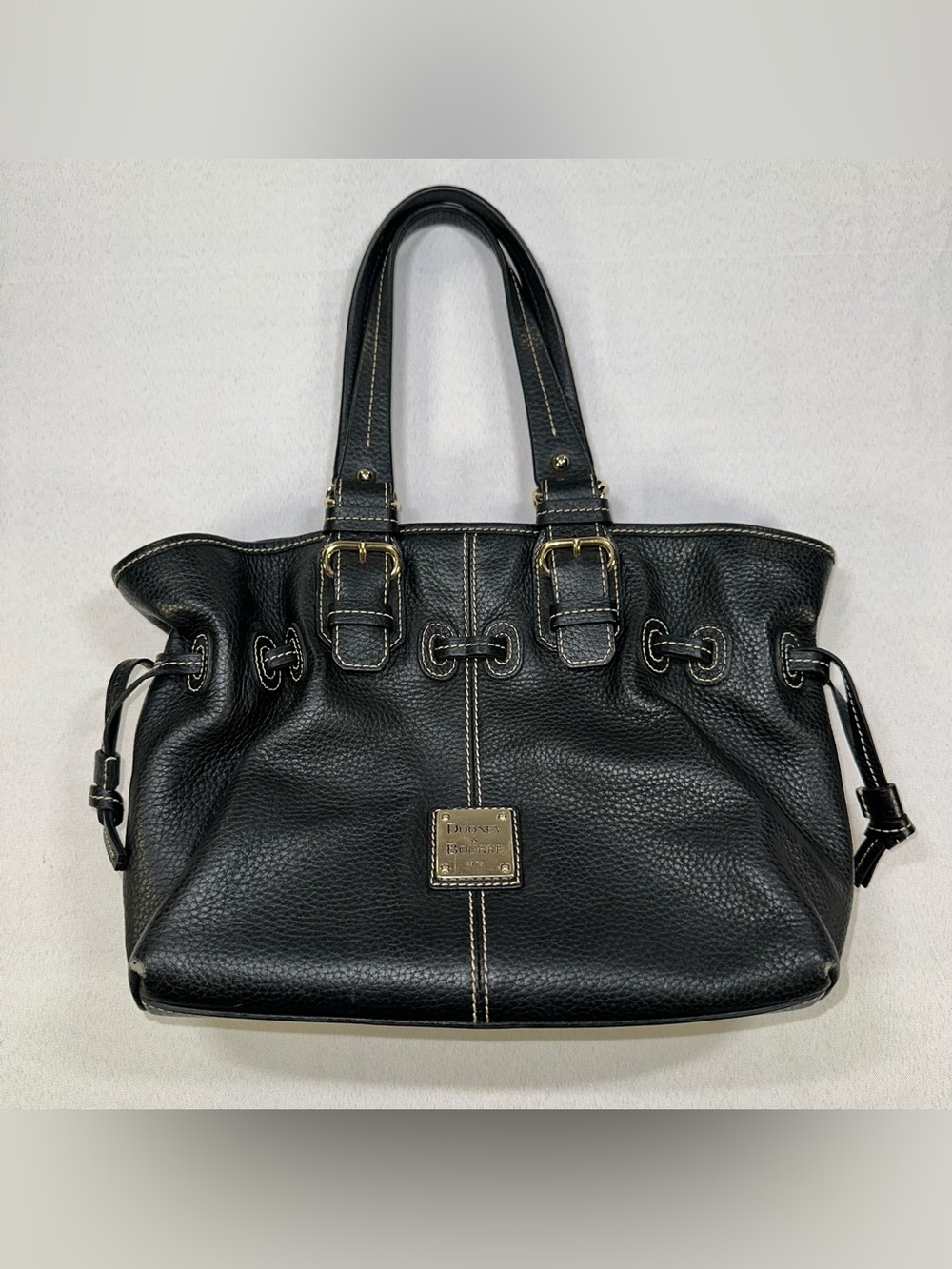 Dooney & Bourke Black Pebbled Leather Drawstring Satchel Bag Pink Gingham Lined